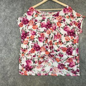 Bobbie Brooks Top 2X Floral Boho Lace Back Knot Front Gathered Crop Dolman Cap